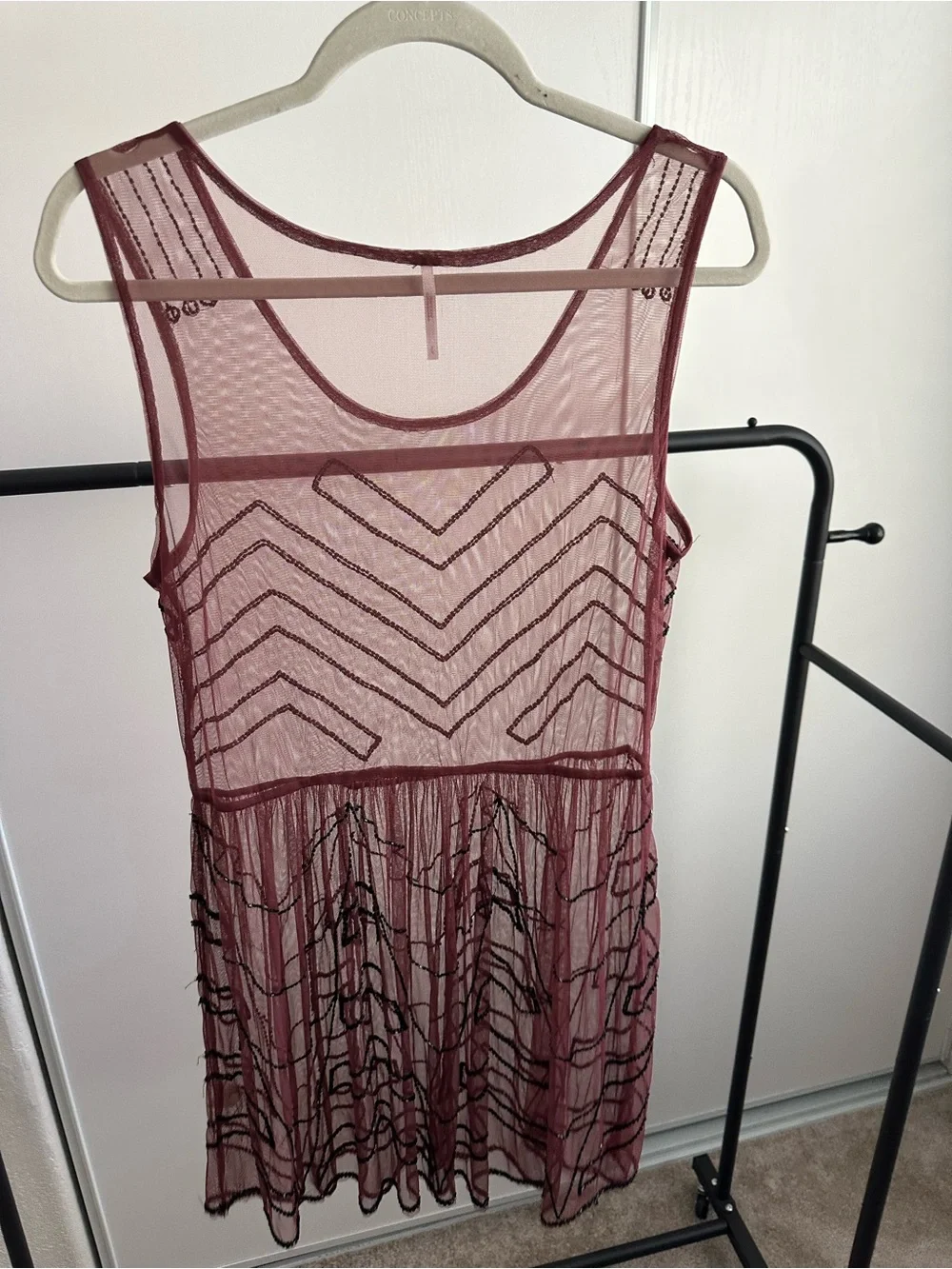 Free People Sheer Embellished Mesh Dress - Merlot